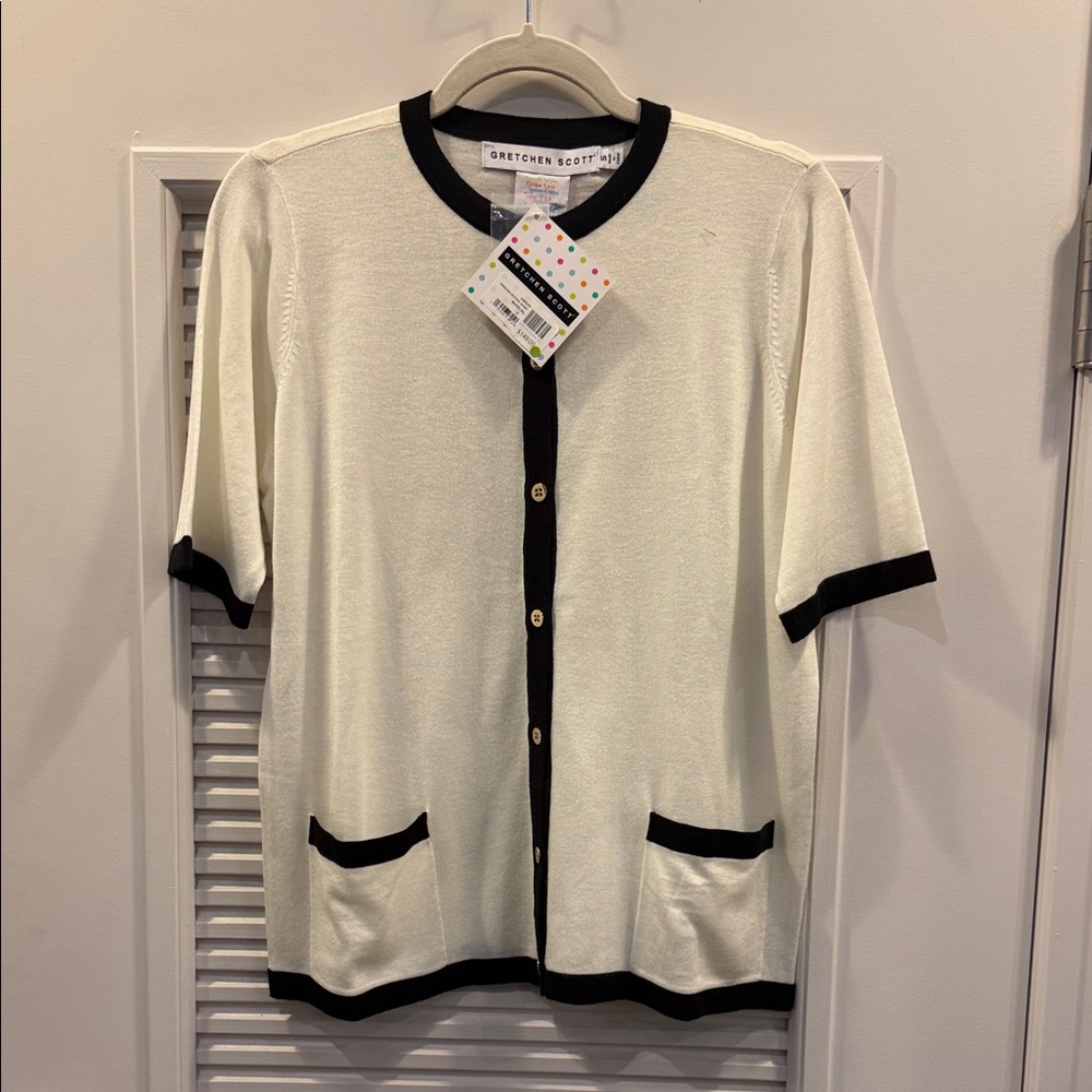 Gretchen Scott Designs Ivory and Black Short Sleeve Cardigan